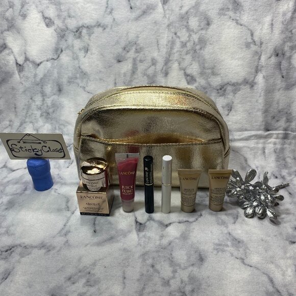 Lancome Absolue Beauty Gift Set-Gold PouchEye CreamSerum2 MascaraLip-7pc-NEW